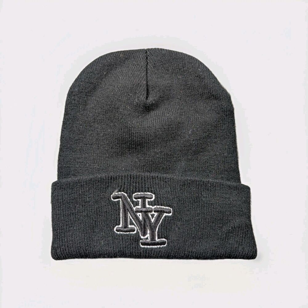 NY New York Black Knit Beanie Hat Unisex Embroidered
